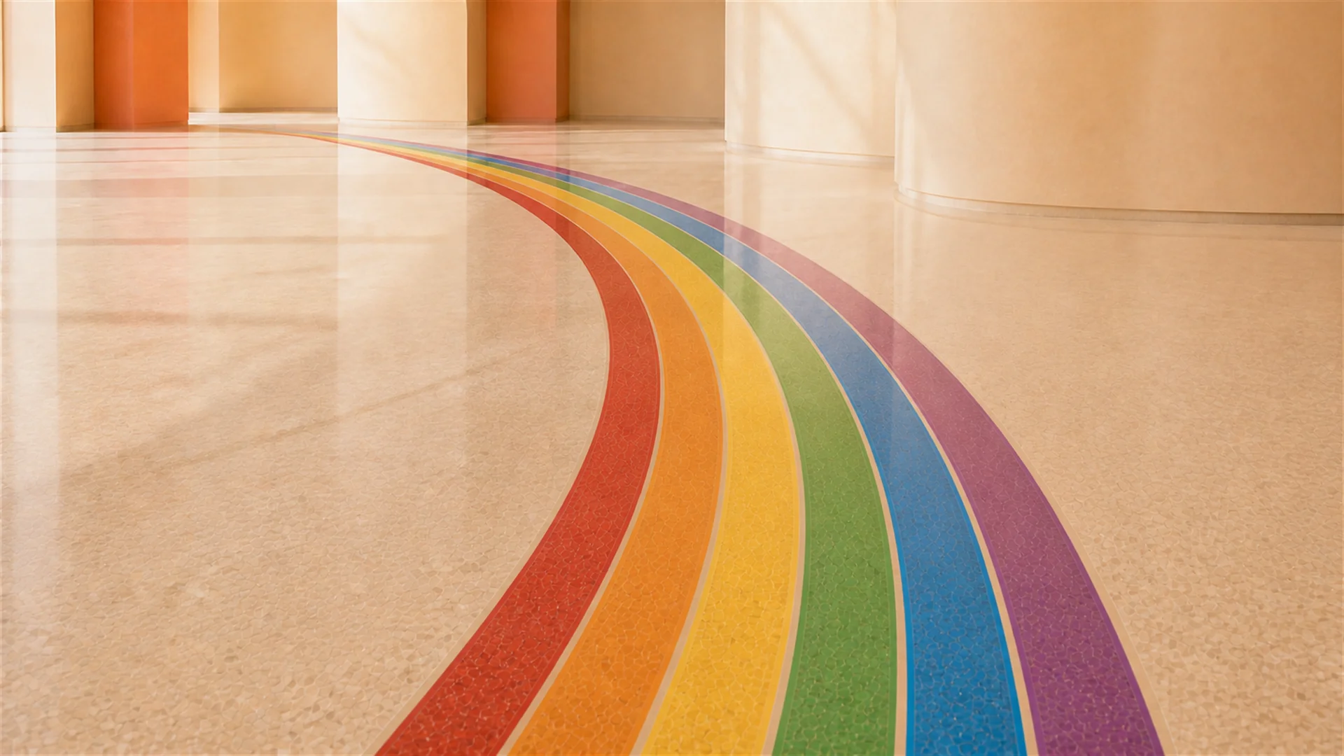 A bright empty floor with a rainbow path